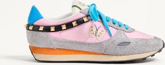Valentino Garavani Stud Up Trainer In Split Leather And Nylon With Butterfly Embroidery Woman PINK/MULTICOLOUR 35.5