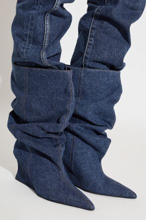 Balmain Denim Wedge Ankle Boots, Womens, Navy Blue