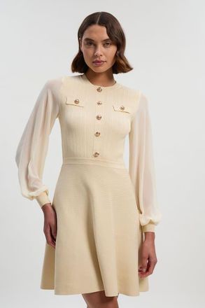 Karen Millen Chiffon Sleeve Military Mini Knit Dress in Cream at Nordstrom, Size X-Small