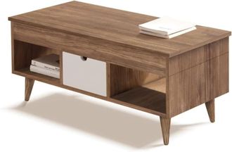 HOGAR 24 Mesa centro Atelier elevable madera maciza natural, caj&oacute;n deslizante