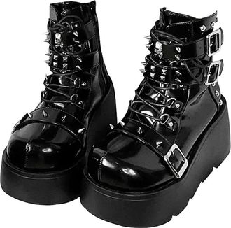 Generic New Gothic Style Shoes Platform Cosplay Women Mid-calf Boots Comfy Motorcycle Boots Shoes(4.5 UK,Black patent 2)