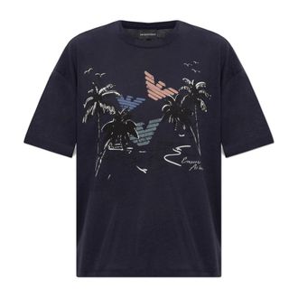 Emporio Armani T-Shirts, female, Blue, Size: M Lightweight Jersey T-Shirt with Multicolor Print