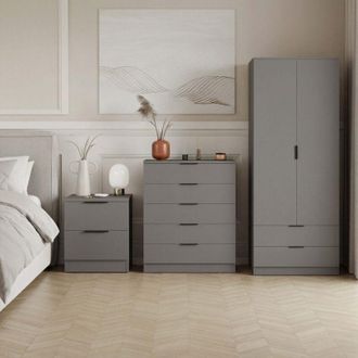 Home Discount Trega 3pc Bedroom Furniture Set - 2 Drawer Bedside, 5 Drawer Chest & 2 Door Wardrobe, Grey