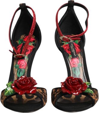 Dolce & Gabbana Brown Leopard Crystal Roses Sandals Womens Shoes
