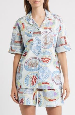Damson Madder Chlo Holiday Print Cotton & Linen Camp Shirt in Blue Multi at Nordstrom Rack, Size 12 Us / 16 Uk