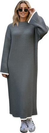 Janisramone Womens Long Sleeve Maxi Dress, Contrast Piping Trim Ribbed Knitted Jumper Dress, Winter Pull Over Knitted Dresses, Soft Ladies Maxi Dresses UK Charcoa