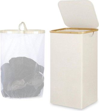 OEM Cesto De Ropa De 110 Litros Con Tapa - Bolsillo Interior Extra&iacute;ble - Asas De Bamb&uacute; - Plegable - Beige