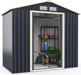 Costway Cobertizo De Jard&iacute;n De Metal De Exterior,213 X 127 X 195 Cm, Caseta De Jard&iacute;n Con 4 Respiraderos Y Puertas Individuales Correderas, Casita Organizador