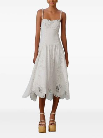 Farm Rio eyelet scalloped midi dress - women - Linen/Flax/EcoVero Viscose (LENZING) - M - White