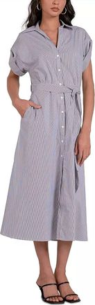 Elan Collared Striped Midi Dress In Black Stripe