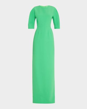 Teri Jon Elbow-Sleeve Crepe Column Gown