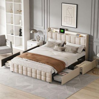 OEM Estructura De Cama 160x200 - Cama 160x200 Con Almacenamiento - 4 Cajones - Cabecera Con Led Y Usb - Somier De Lamas