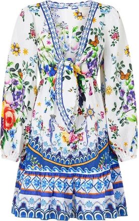 Camilla Short Tie Front Blouson Dress - Dames - Korte kleedjes - Veelkleurig - M - Linnen - Kleedjes