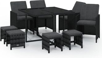 vidaXL Vidaxl - Set De Comedor De Jard&iacute;n 9 Pzas Y Cojines Rat&aacute;n Sint&eacute;tico Negro