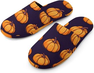 Generic Pump-kin Pattern Halloween Mens Cozy House Slippers Winter Warm Shoes with Anti-Slip Sole for Travel Indoor Outdoor
