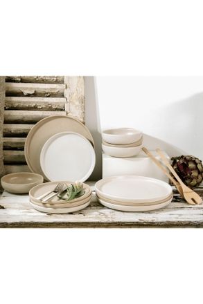 CREATABLE Tafelservice, Creme, Sandfarben, Keramik, 12-teilig, stapelbar, Geschirr, Geschirrsets, Tafelservice