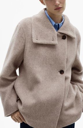 Mango High Neck Wool Blend Coat in Beige at Nordstrom, Size X-Large