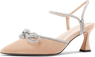 Castamere Womens Close Pointed Toe Rhinestone Crystal Wedding Heel Ankle Strap Bow-Knot Kitten Pumps Court Shoe Dress Shoes 6.5 CM Heels Nude 6 UK