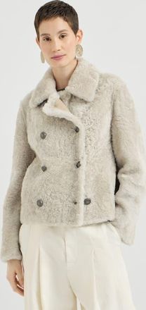Brunello Cucinelli Fuzzy shearling pea coat in Ivory at Nordstrom, Size 44