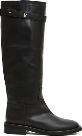 Via Roma 15 Zwarte leren laars met kleine gouden V - Dames - Hoge Laarzen - Zwart - 36 1/2 EU - Schoenen