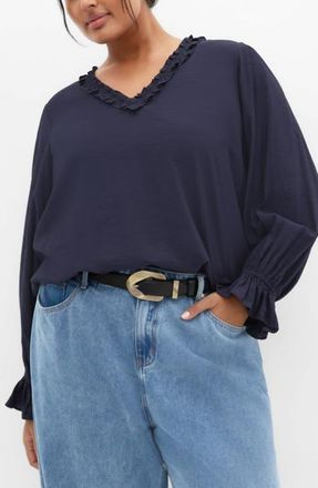 City Chic Maree Ruffle Trim Top in Navy at Nordstrom, Size Xs