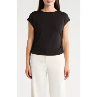 T Tahari Cuffed Short Sleeve Ruched T-Shirt in Black at Nordstrom Rack, Size X-Large