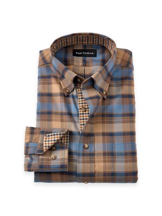 Paul Fredrick Slim Fit Non-iron Thermolite Flannel Plaid Dress Shirt With Contrast Trim