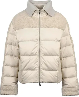 Add Cropped Beige Down Jacket With Textured Fleece And Quilted Panels