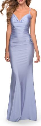 La Femme Form Fitting Jersey Dress with Ruching and Strappy Back in Light Periwinkle at Nordstrom, Size 00