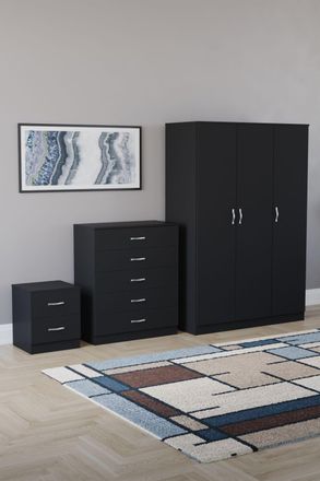 Home Discount Riano 3Pc Bedroom Set - 2 Drawer Bedside, 5 Drawer Chest & Wardrobe in Black