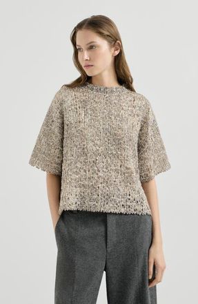 Brunello Cucinelli Dazzling craquel&eacute; embroidery t-shirt in mohair and wool in Silver at Nordstrom, Size Xx-Large
