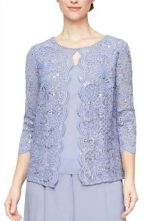 Alex Evenings Sequin Lace Chiffon Scallop Trim Detail Faux Twinset In Lavender
