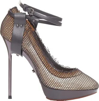 Lanvin Runway black fishnet mesh ankle harness strap pin heels EU38.5