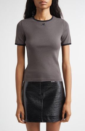 Courr&egrave;ges Contrast Trim Logo T-Shirt in Bitume/Black at Nordstrom, Size X-Small