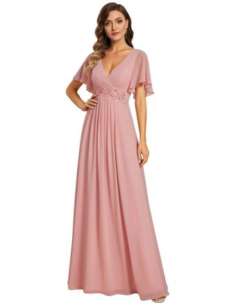Ever-pretty Womens Chiffon V Neck Short Sleeves Appliques Formal Evening Dresses Bridesmaid Dusty Rose 14