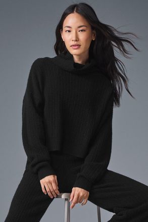 Alo | Cashmere Plush Waffle Turtleneck Pullover Top in Black, Size: Medium