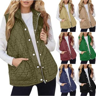 Generic winter jackets for women uk Womens Quilted Gilet Full Zip Sleeveless Waistcoat Pocket Button Lightweight Warm Jackets Padded Vests Coat Fasion Hiking 