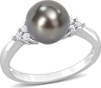 Amour 8-8.5mm Black Tahitian Pearl and 1/8 CT TDW Diamond Ring In Sterling Silver