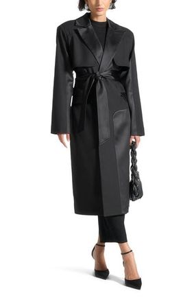 Mani&egrave;re De Voir Ilona Tailored Satin Trench Coat in Black at Nordstrom, Size 12