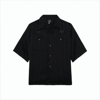 Needles Textured Black Short-Sleeved Shirt With Classic Collar And Chest Pockets