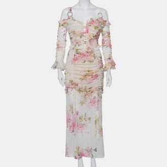 Alessandra Rich White Floral Printed Silk Ruched Cold Shoulder Maxi Dress