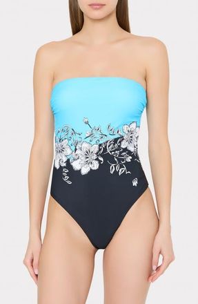 Milly Floral Strapless One-Piece Swimsuit in Blue Black at Nordstrom, Size X-Small