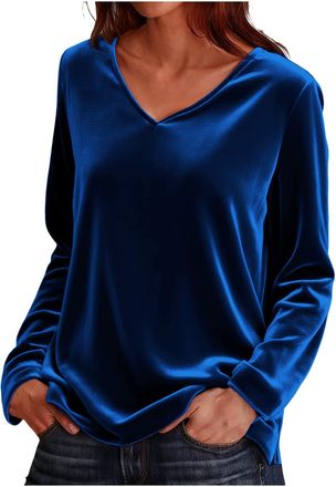 Generic Velvet Tops for Women Elegant V Neck Blouse Basic Plain Loose Fit Velour Pullover Smart Casual Tunic Tops Solid Long Sleeve Oversized Tees Shirts Offi