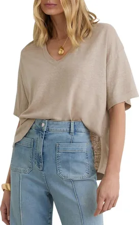 Reiss Linen V-Neck Tee in Stone Neutral at Nordstrom, Size Medium