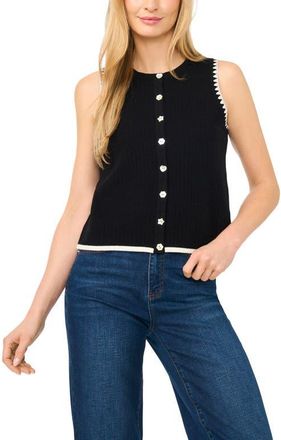 CeCe by Cynthia Steffe Pointelle Button-Up Sweater Tank in Rich Black at Nordstrom, Size Xx-Large