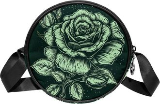 Generic Circle Crossbody Bag for Women, Green Black Rose Small Sling Bag Daypack with Zipper Adjustable Shoulder Straps Casual Ladies Girls Round Purse