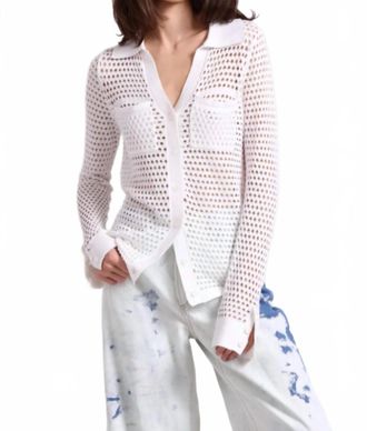 Minnie Rose Plaited Mesh Button Down Top In White/white