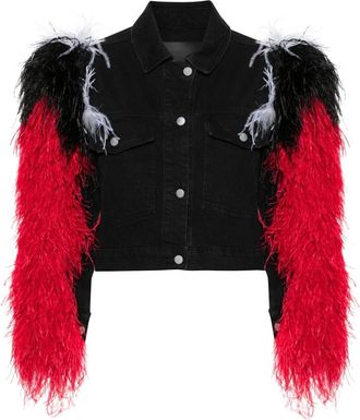 LouLou feather-detail denim jacket - women - Cotton/Ostrich Feather - L - Black