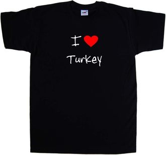 Tee Tree Designs I Love Heart Turkey Black T-Shirt (White & Red Print)-X-Large