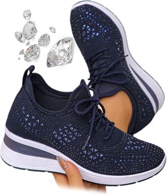 Generic Womens Glittery Rhinestone Fashion Breathable Wedge Sneakers, Sparkly Bling Wedding Dressy Tennis Shoes for Bride, Orthopedic Wedge Sneakers (Dark Blu